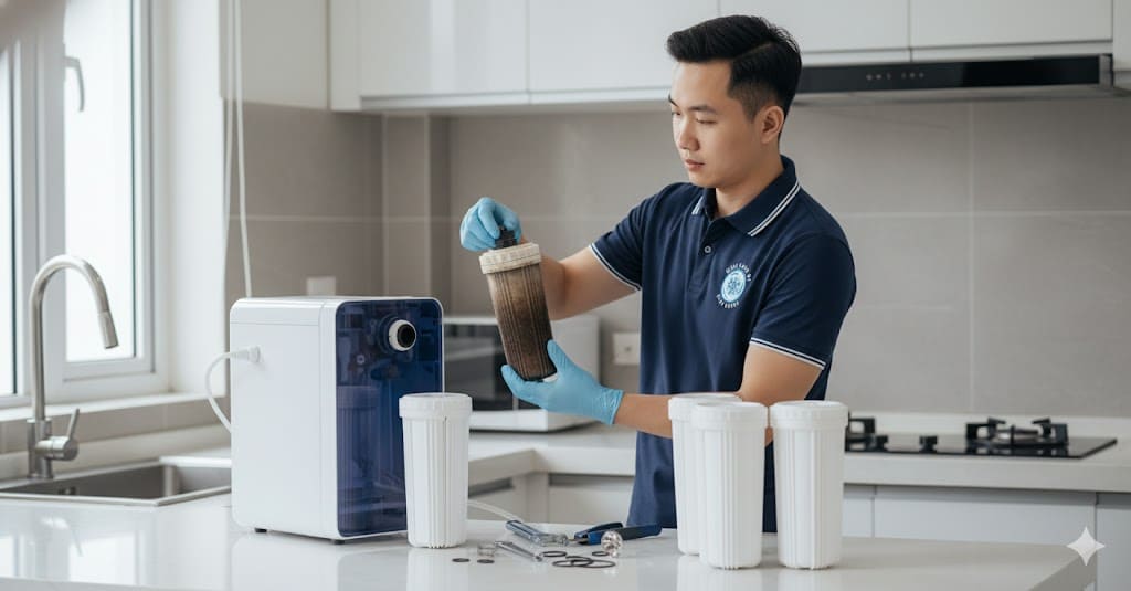 Kỹ thuật viên Điện Lạnh 61 kiểm tra nước bằng bút thử TDS tại Dĩ An.