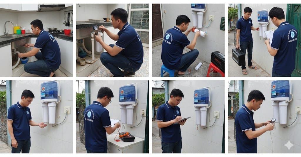 Thay lõi lọc nước tại nhà Dĩ An chính hãng (lõi 1, 2, 3).