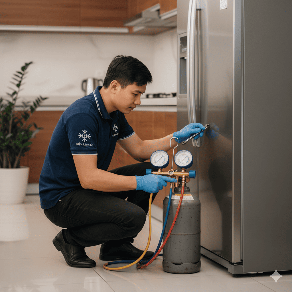 Một người thợ khác đang sử dụng thiết bị chuyên dụng để nạp gas cho tủ lạnh, đảm bảo an toàn và chính xác.