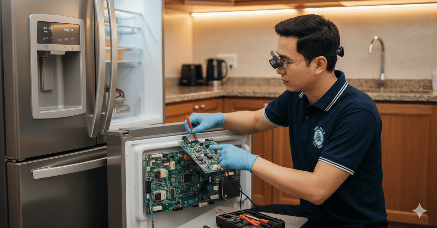 Thợ Điện Lạnh 61 mặc đồng phục, đang kiểm tra bo mạch tủ lạnh Inverter một cách cẩn thận.