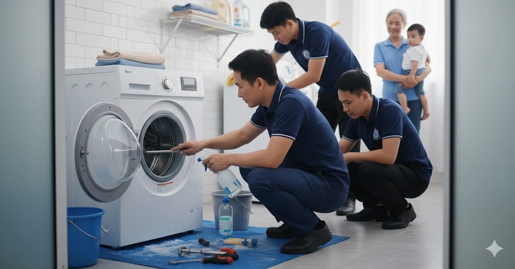 Kỹ thuật viên Điện Lạnh 61 đang tháo lồng giặt tại nhà khách hàng ở Đông Hòa.