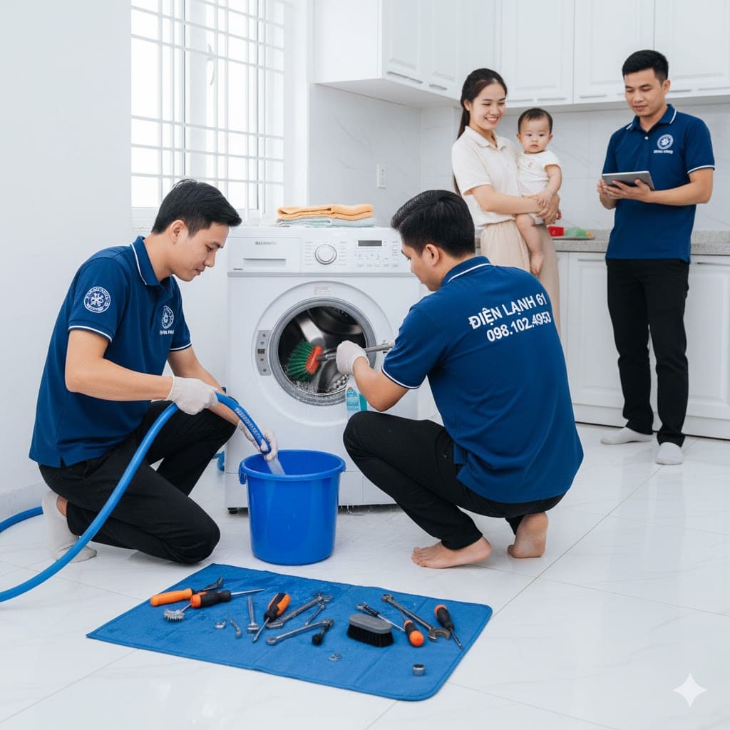 Sử dụng máy xịt áp lực cao để rửa máy giặt, đánh bay cặn bẩn.