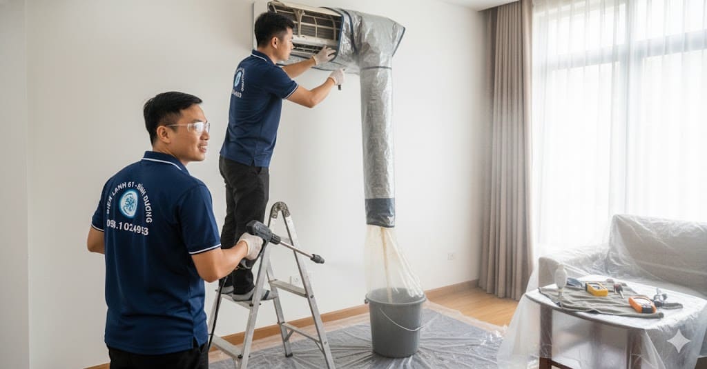 Thợ che chắn kỹ lưỡng đồ đạc trước khi rửa máy lạnh tại nhà.