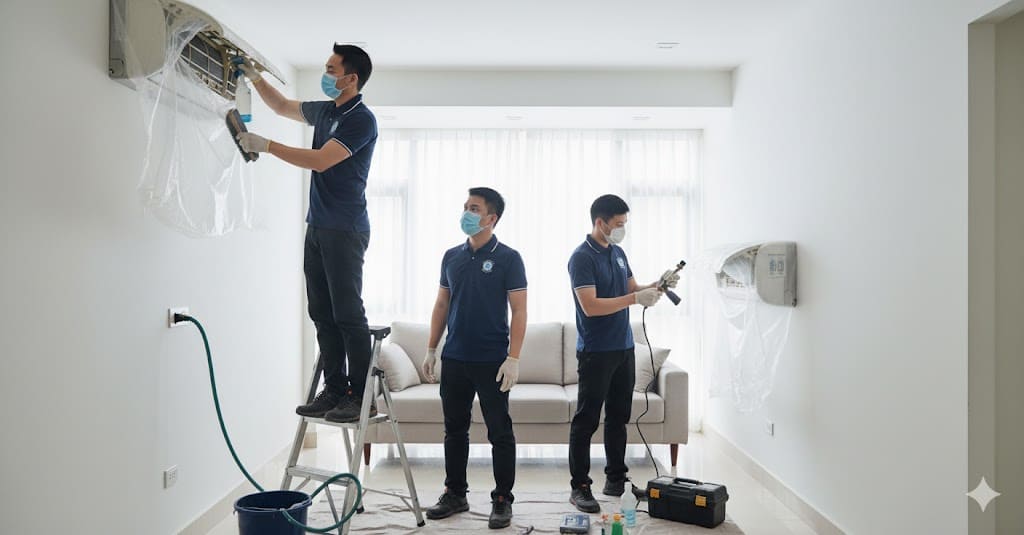 Dùng vòi xịt áp lực cao vệ sinh dàn lạnh máy lạnh.