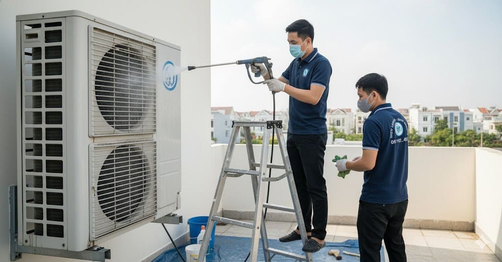 Lưới lọc máy lạnh bám đầy bụi bẩn tại Thuận An.