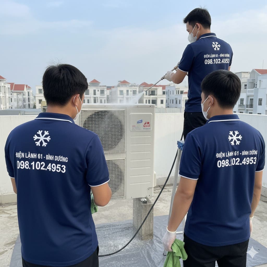 Thợ Điện Lạnh 61 đang vệ sinh máy lạnh tại Bình Hòa, Thuận An.