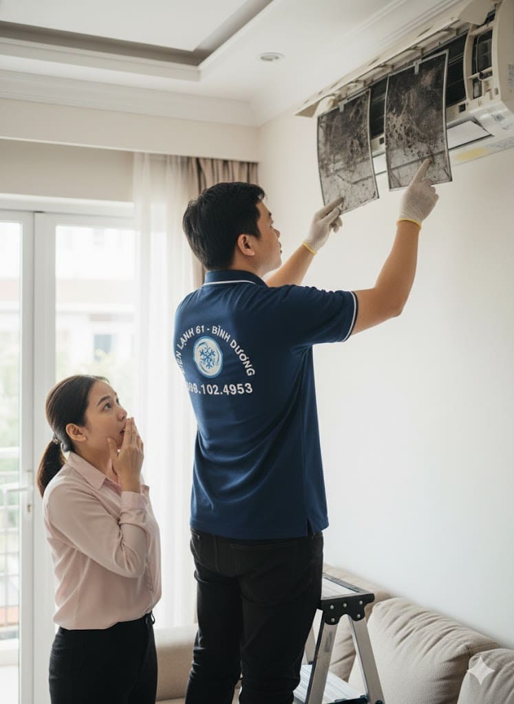 Cận cảnh dàn lạnh máy lạnh bị bám tuyết trắng, dấu hiệu thiếu gas.