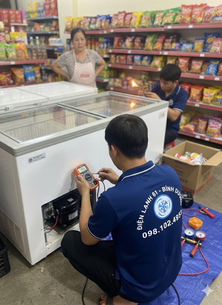 Cận cảnh thợ sửa tủ đông Thuận An dùng đồng hồ đo kiểm tra lỗi tủ không lạnh, đèn vẫn sáng.