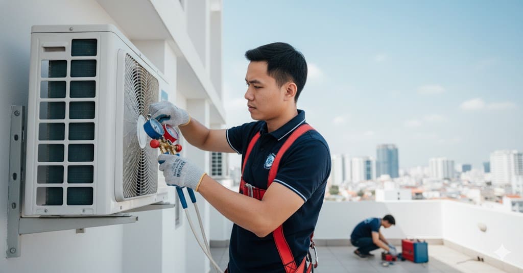 Chi phí tháo lắp máy lạnh ở vị trí khó, cần leo trèo Chi phí tháo lắp máy lạnh ở vị trí khó, cần leo trèo