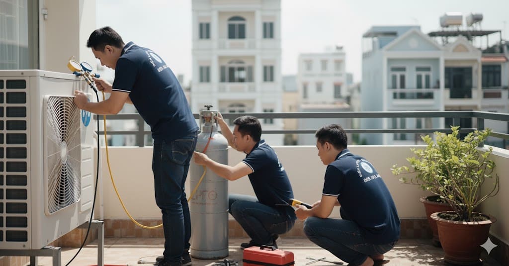 Đội ngũ thợ bơm ga điều hòa Tân Uyên của Điện Lạnh 61 mặc đồng phục, uy tín