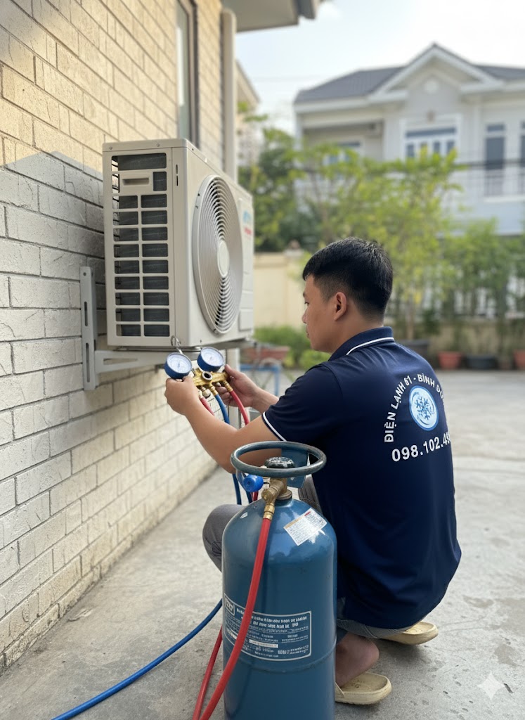 Kỹ thuật viên Điện Lạnh 61 mặc đồng phục đang sử dụng đồng hồ đo gas và bình gas chuyên dụng.