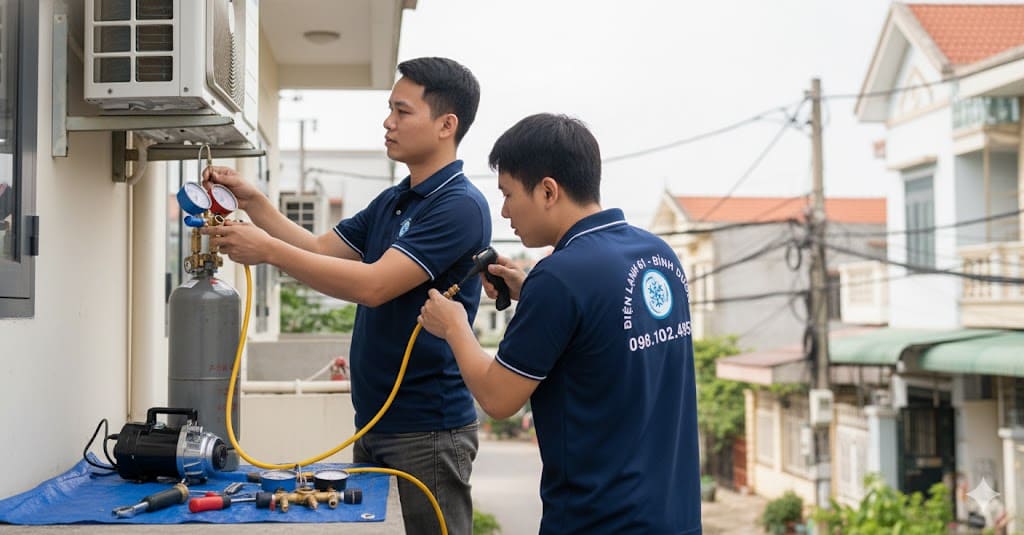 Kỹ thuật viên Điện Lạnh 61 đang bơm gas máy lạnh chuyên nghiệp tại Tân Uyên.
