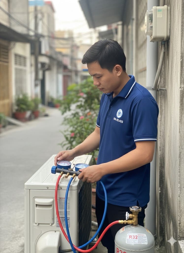 Thợ kỹ thuật dùng đồng hồ đo áp suất gas máy lạnh chuyên dụng.