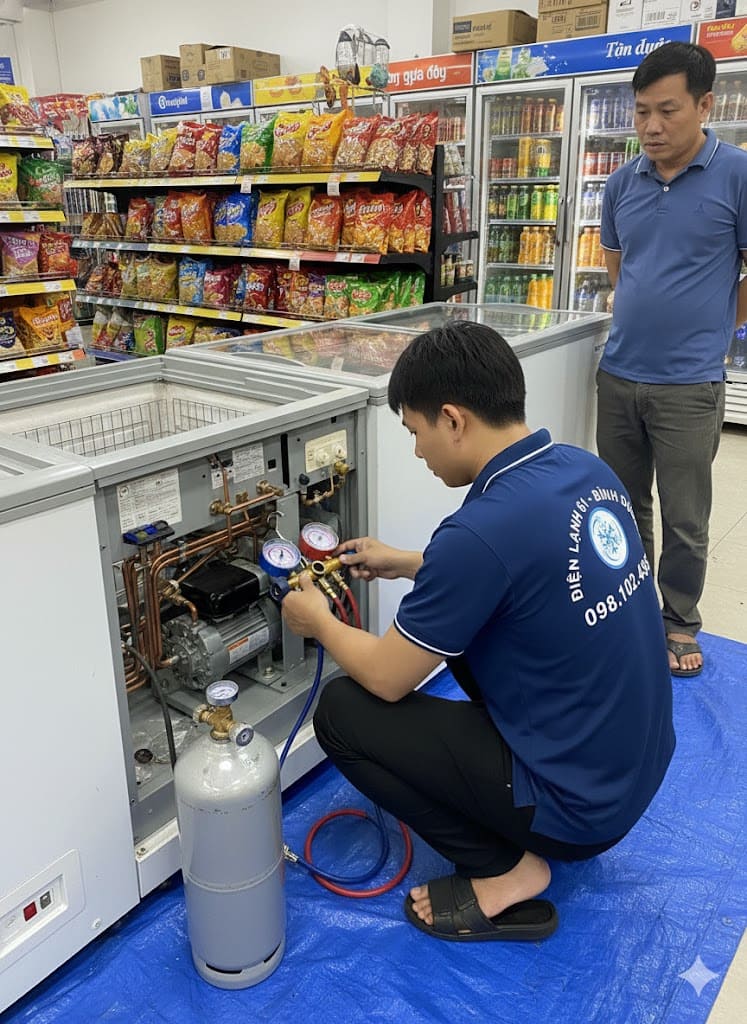 Kỹ thuật viên Điện Lạnh 61 đang bơm gas (nạp gas) cho tủ đông tại nhà Thuận An.