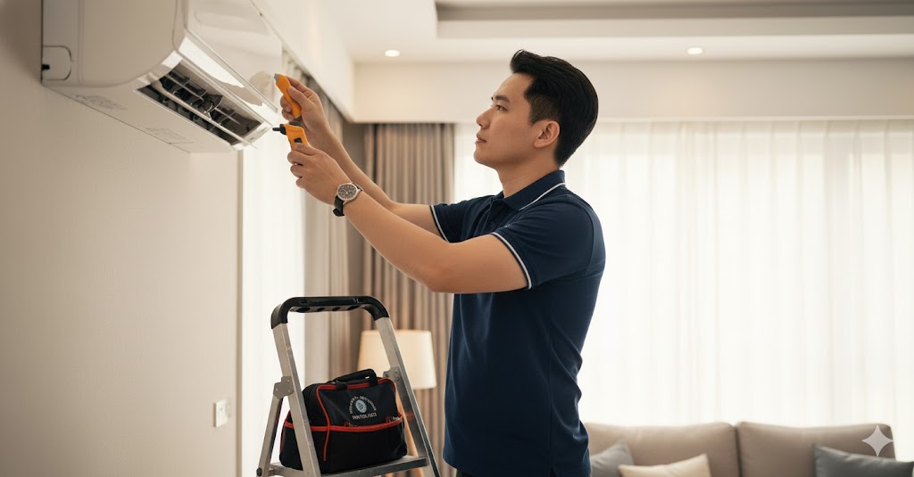 Kỹ thuật viên Điện Lạnh 61 mặc đồng phục đang kiểm tra máy lạnh tại nhà khách hàng.