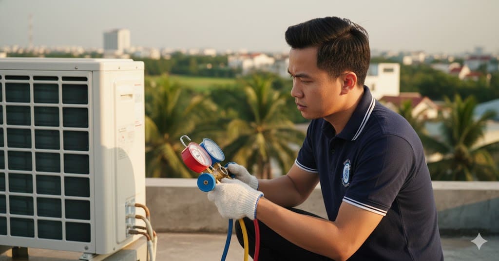 Bước hút chân không hệ thống máy lạnh trước khi bơm gas