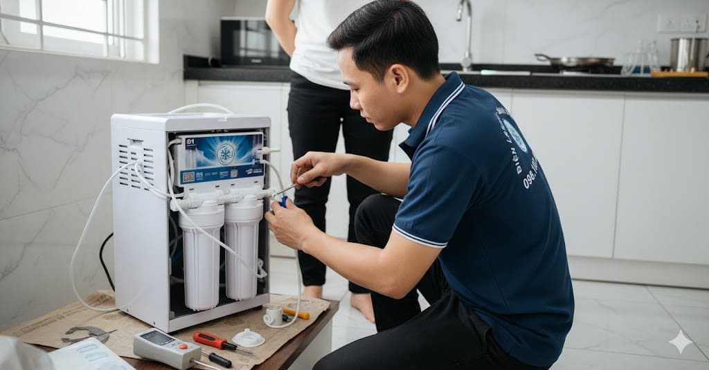 Hình ảnh máy lọc nước bị rò rỉ nước, một lỗi cần sửa chữa ngay.