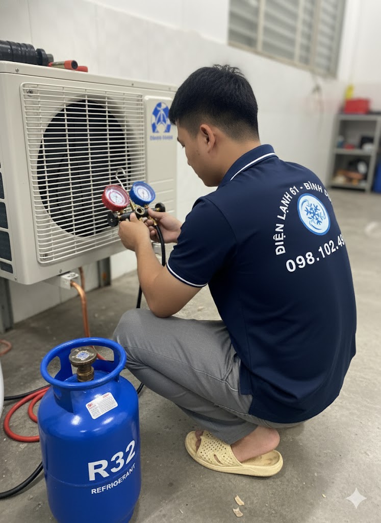 Kỹ thuật viên Điện Lạnh 61 nạp gas R32 cho máy lạnh chuyên nghiệp.