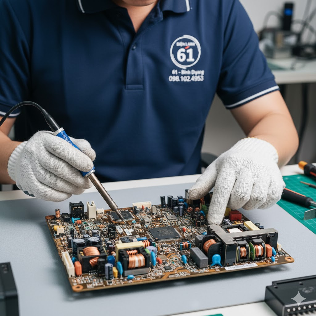 Chi tiết bo mạch máy lạnh Inverter phức tạp, kỹ thuật viên Điện Lạnh 61 sửa chữa.
