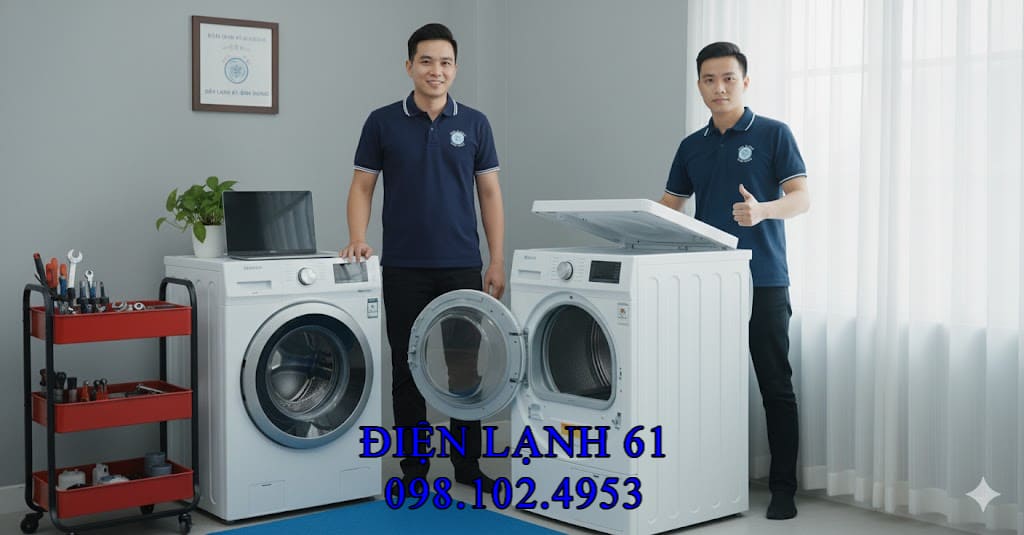 Thợ sửa máy sấy Thuận An uy tín từ Điện Lạnh 61 đang kiểm tra máy.