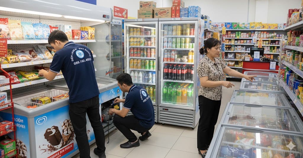 Sửa tủ kem khẩn cấp cho tiệm tạp hóa ở Thuận An.