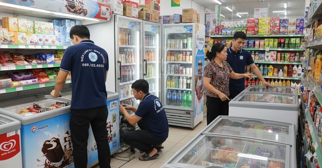 Dịch vụ sửa tủ mát Sanaky trưng bày nước ngọt tại Thuận An.