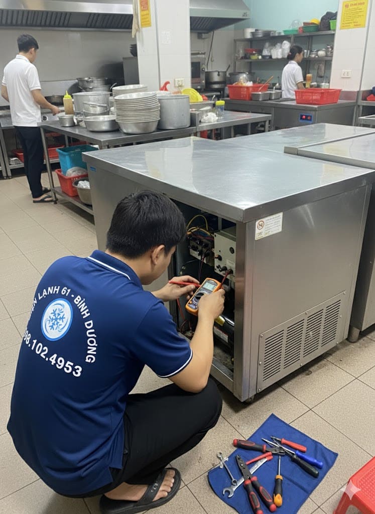 Cận cảnh thay block (máy nén) tủ đông chính hãng tại Thuận An.