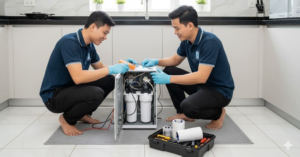 Thợ sửa máy lọc nước ở Thuận An đang kiểm tra máy lọc nước RO