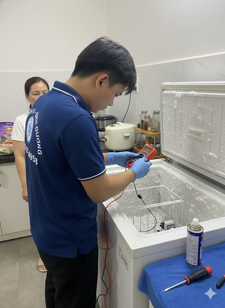 Hình ảnh tủ đông bị đóng tuyết dày đặc cần được sửa chữa.