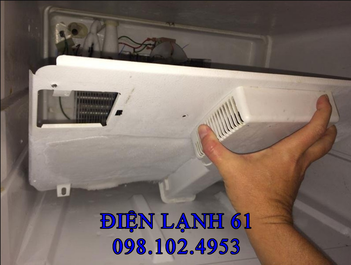 Kỹ thuật viên Điện Lạnh 61 đang kiểm tra ngăn đá tủ lạnh bị đóng tuyết dày đặc.